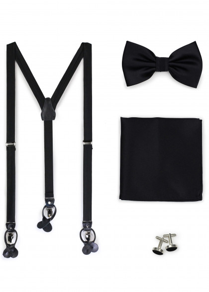 Set: Hosenträger, Fliege, Einstecktuch und Cufflinks schwarz