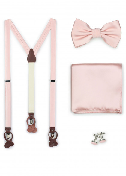 Set: Hosenträger, Fliege, Ziertuch und Manschettenknöpfe blush-rosa