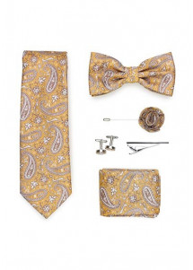 Geschenkbox Paisleymotiv champagner  mit Herrenkrawatte, Herren-Schleife und Zubehör