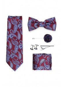 Geschenkbox Paisley-Motiv weinrot  mit Businesskrawatte, Herren-Schleife und Zubehör