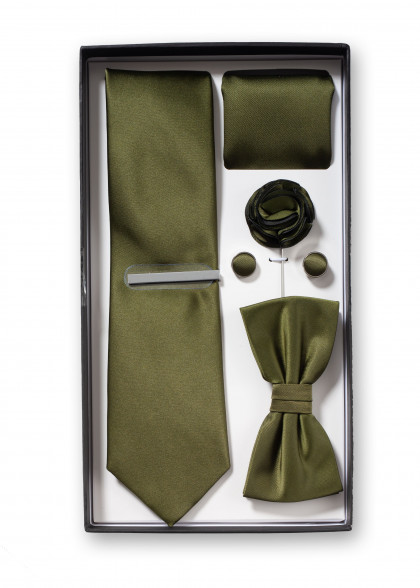 Geschenk-Set Krawatte, Fliege, Einstecktuch und Zubehör in olivgrün