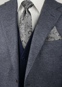 Krawatte Einstecktuch Set elegantes Paisley-Motiv Silber Schwarz