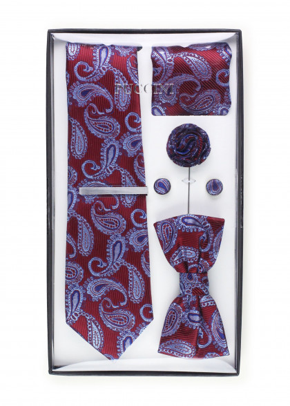 Geschenkset Paisley-Muster weinrot  mit Businesskrawatte, Herren-Schleife und Zubehör