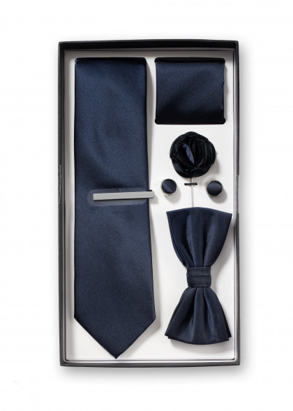 Geschenke-Set Krawatte, Fliege, Einstecktuch in dunklem navy-blau