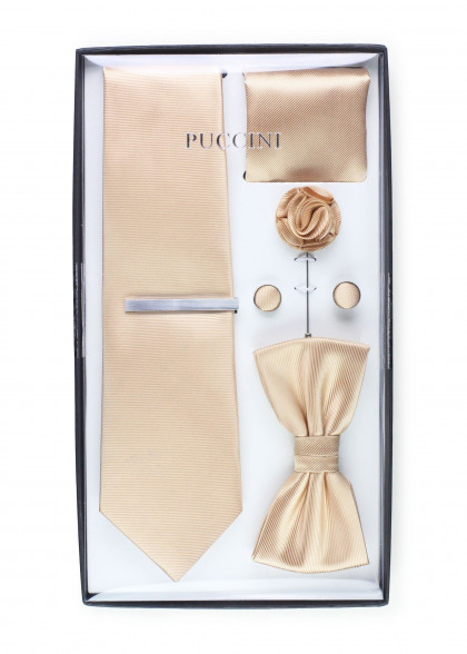 Geschenk-Set Krawatte, Fliege, Einstecktuch und Accessoires in edlem beige