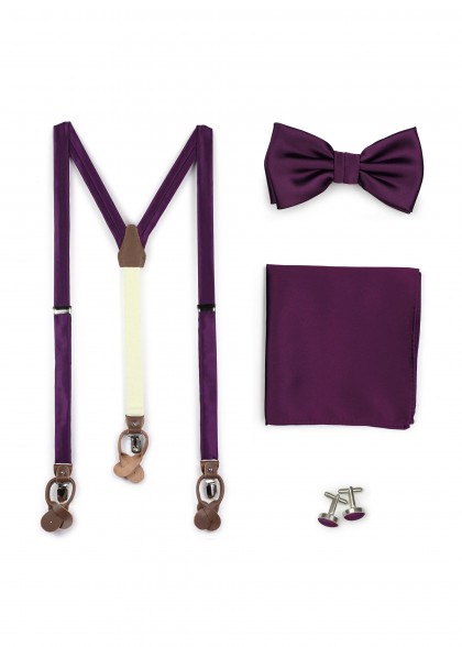 Set mit Hosenträger, Fliege, Einstecktuch, Manschettenknöpfe Lila