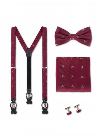 Set aus Hosenträger, Fliege, Einstecktuch und Manschettenknöpfe Rot Ente