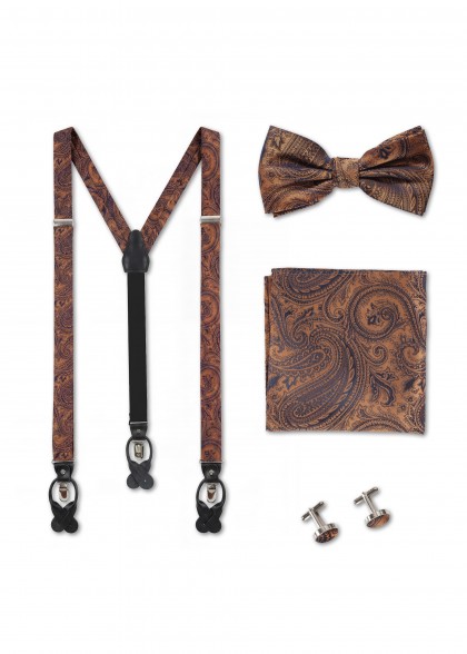 Set aus Hostenträger, Fliege, Einstecktuch und Manschettenknöpfe Paisley Mittelbraun