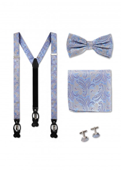 Set aus Hosenträger, Fliege, Einstecktuch, Manschettenknöpfe Blau mit Paisley-Muster