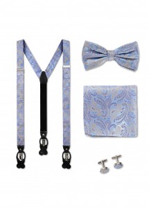 Hosenträger Set Hellblau Paisley mit Fliege,