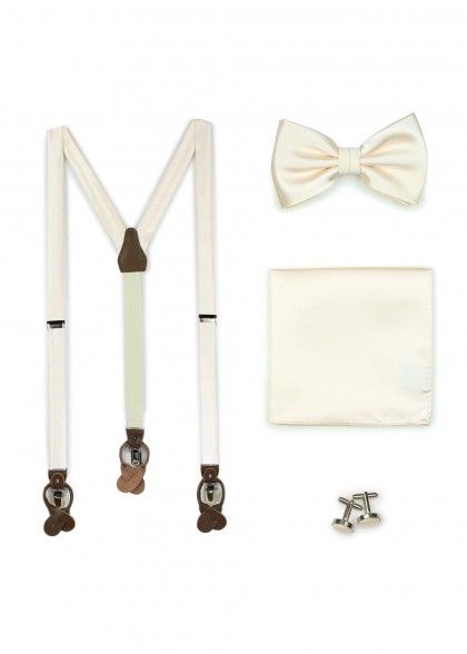 Hosenträger Set mit Fliege, Einstecktuch und Knöpfen in Beige
