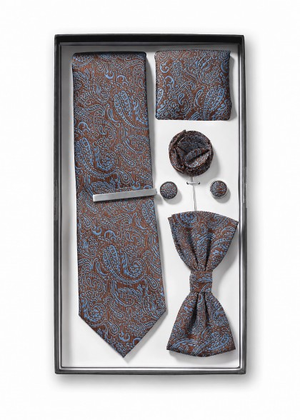 Geschenk-Set Paisley Blau und Braun Krawatte, Fliege, Einstecktuch und mehr