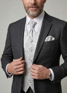 Hochzeitsweste, Einstecktuch und Plastron Silber Paisley-Muster mit Sakko